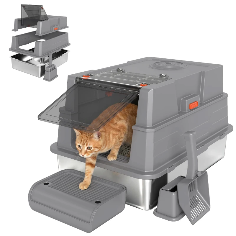 PawHut Katzenklo XXL Edelstahl Katzentoilette 130L mit 180° Klappdeckel Hohen Seitenwänden Schaufel Trittstufe 70x50x43cm Grau