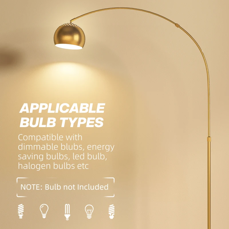 HOMCOM 167cm Arc Floor Lamp for Living Room, Modern Adjustable Standing Lamp with Foot Switch, Faux Black Marble Base and Bell Shade for Home Offices, Bedrooms, Gold Tone