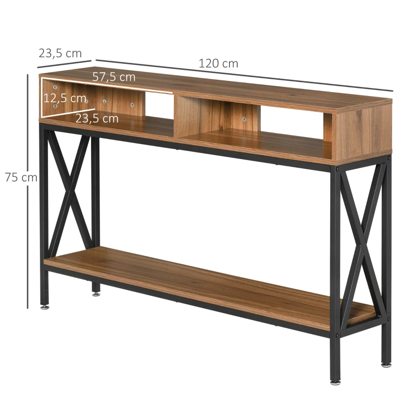 HOMCOM Mesa Consola de Entrada Industrial Multi-armazenamento 120 x 23,5 x 75 cm Madeira Nogueira