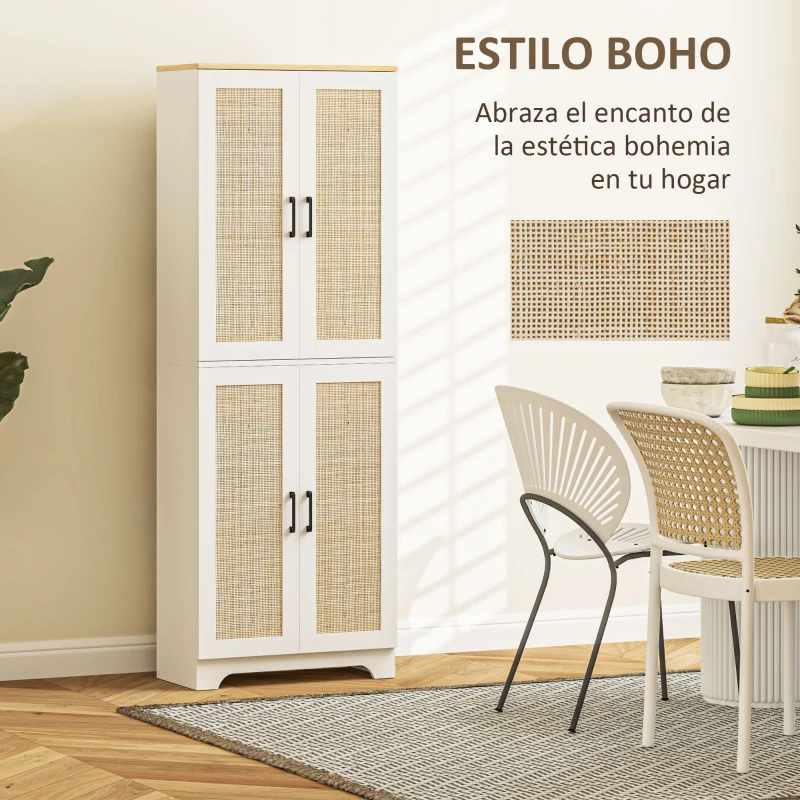 HOMCOM Alacena de Cocina con Estantes Ajustables Puertas de Ratán y Sistema Anti-vuelco 60x30x170 cm Blanco