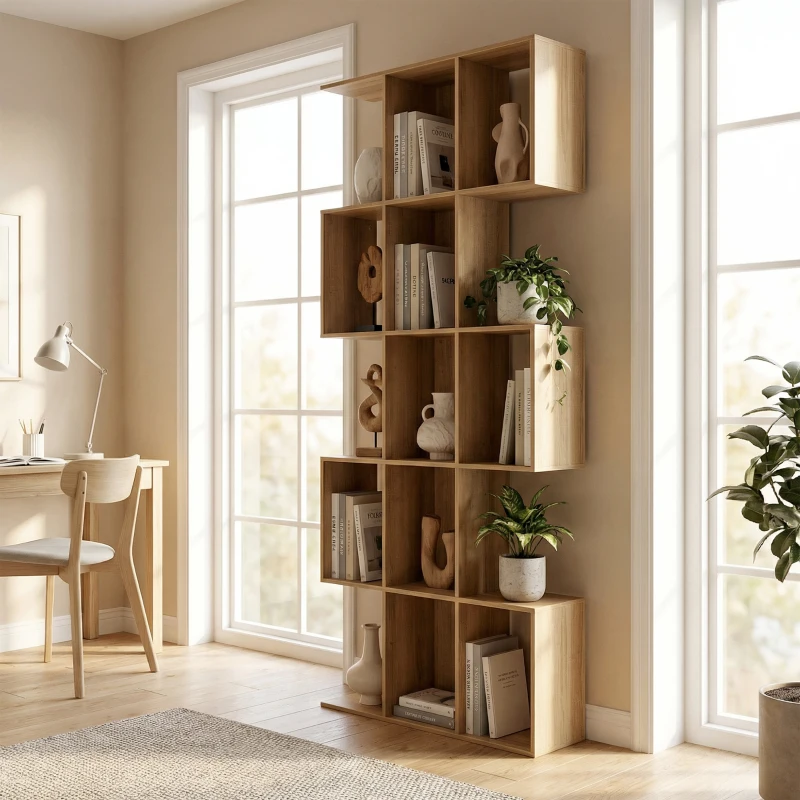 HOMCOM Bibliothèque à 5 niveaux, étagère de rangement en forme S avec 15 compartiments ouverts, 80 x 24 x 200 cm, chêne