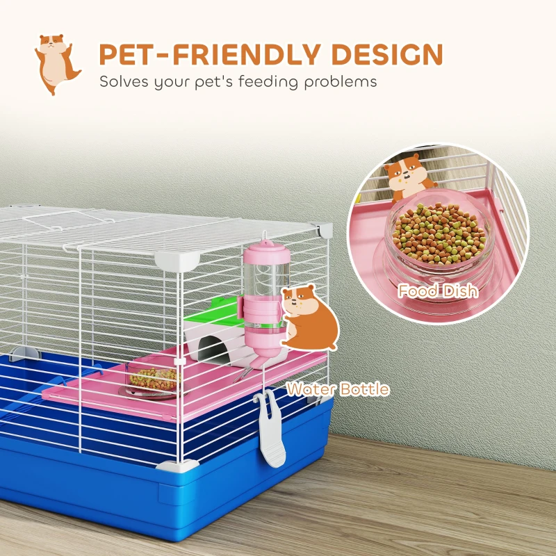 PawHut Hamster Cage, Small Gerbil Cage 2 Tiers Portable w/ Handle, Exercise Wheel, Water Bottle, Dishes, Blue