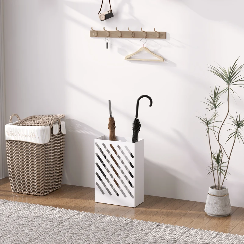 HOMCOM Paragüero de Acero Galvanizado Soporte de Paraguas Estrecho con Bandeja de Goteo Extraíble 4 Ganchos 28x14x41 cm Blanco