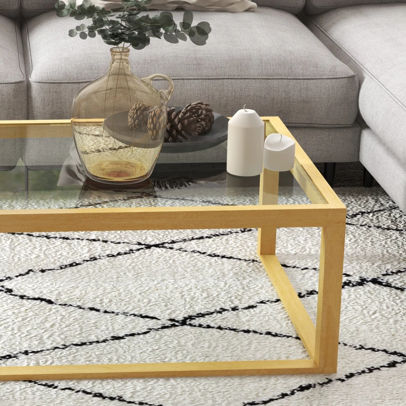 HOMCOM Mesa de centro retangular para sala com tampo em vidro temperado estrutura em madeira de hévea dim. 100L x 60l x 35H cm