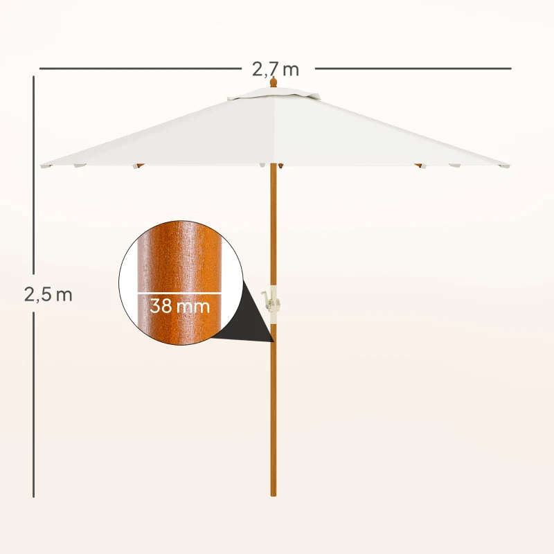 Outsunny Guarda-sol de jardim exterior redondo Ø 2,7 x 2,5 m com abertura/fecho por manivela, mastro em madeira, tecido 180 g/m², bege