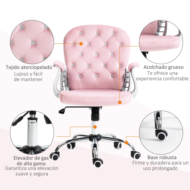 Vinsetto Silla de Escritorio de Terciopelo con Altura Ajustable Reposabrazos y Decoraciones de Diamantes 59,5x60,5x93-103 cm Rosa