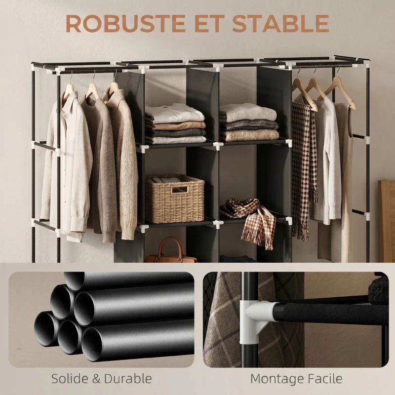 HOMCOM Armoire penderie en tissu, meuble de rangement mobile 10 roulettes avec 10 compartiments, barres de suspension, noir