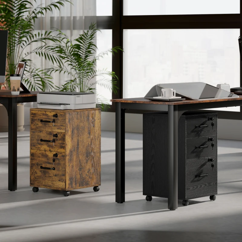 HOMCOM Caisson de Bureau Mobile avec 3 Tiroirs Verrouillables, Caisson de Rangement sur Roulettes, 40 x 40 x 69,5 cm, Marron