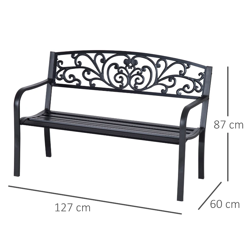 Outsunny Banco de Jardim para terraço em Aço Ferro Fundido Preto 2 Lugares 127 x 60 x 87 cm Carga Máx 240 kg