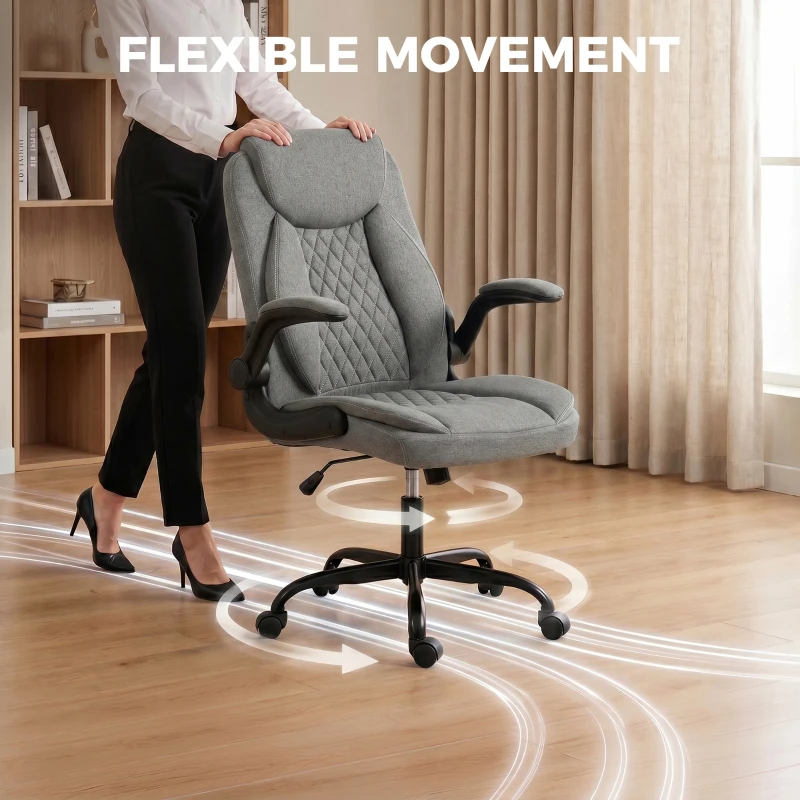 HOMCOM Linen-Look Computer Desk Chair, Executive Office Chair with Flip-Up Armrests and Thick Cushion, Grey