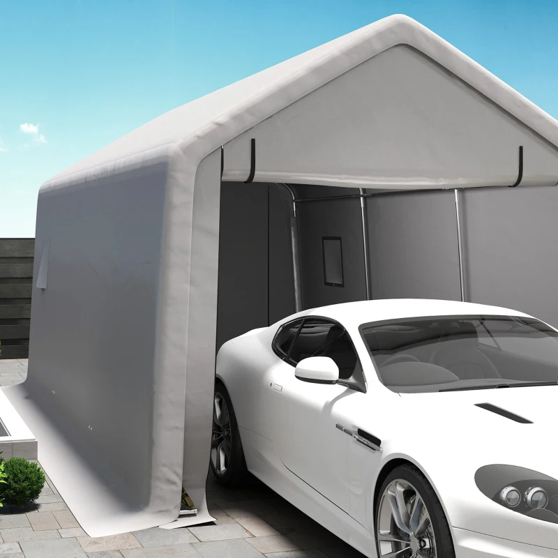 Outsunny Carport tenda de garagem 3 x 5,2 m, abrigo exterior para carro carport para carro com porta enrolável removível cinza