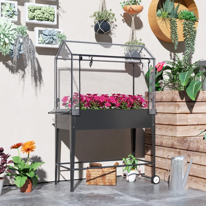 Outsunny Canteiro elevado com cobertura em PVC jardineira elevada com rodas orifício de drenagem 100 x 45 x 152 cm preto
