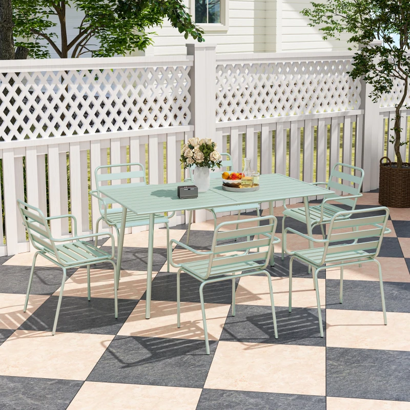 Outsunny Conjunto de jardim conjunto de jantar para jardim 7 peças com 1 mesa e 6 cadeiras empilháveis em aço verde claro