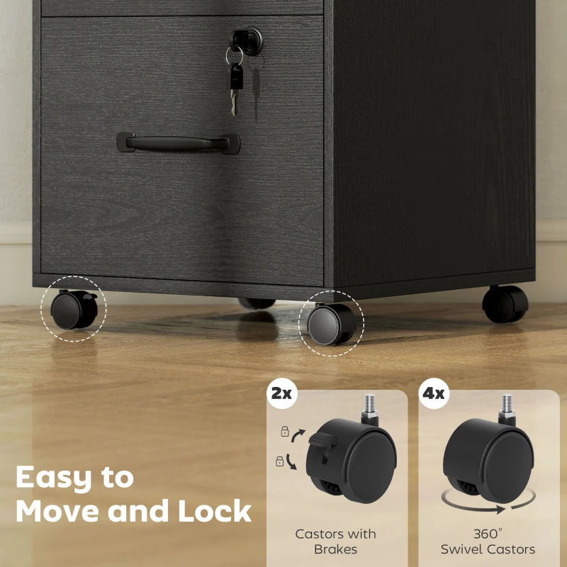 HOMCOM Caisson de Bureau Mobile avec 3 Tiroirs Verrouillables, Caisson de Rangement sur Roulettes, 40 x 40 x 69,5 cm, Noir