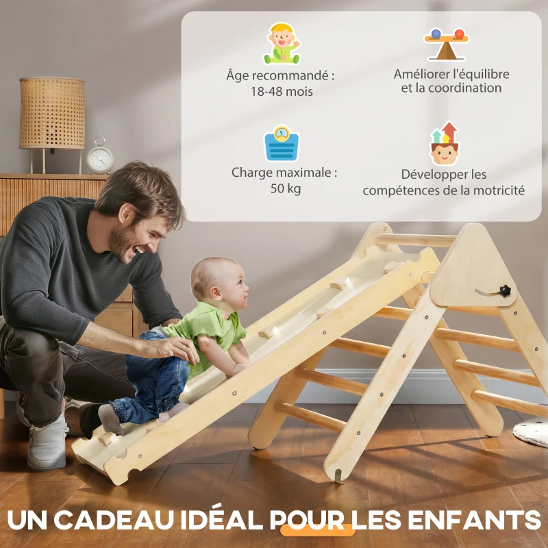 AIYAPLAY Triangle d'escalade, 3 en 1 en bois pour grimper et glisser, charge max. 50 kg, pour 18-48 mois, bois naturel