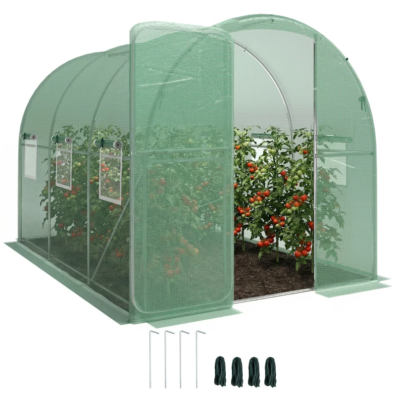 Outsunny Serre tunnel de jardin 6m², serre de jardin tunnel 200x300x200cm porte et 6 fenêtres, bâche PE 140 g/m² vert
