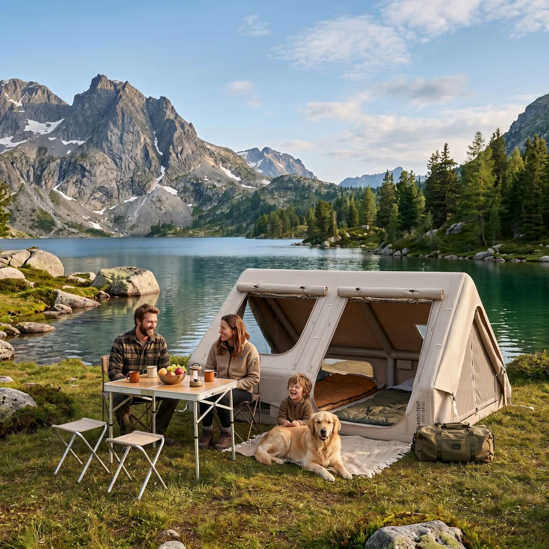 Outsunny Inflatable Camping Tent, 4 Season Hot Tent 10000mm Waterproof with Chimney Opening, Sky Light and Air Pump, Khaki