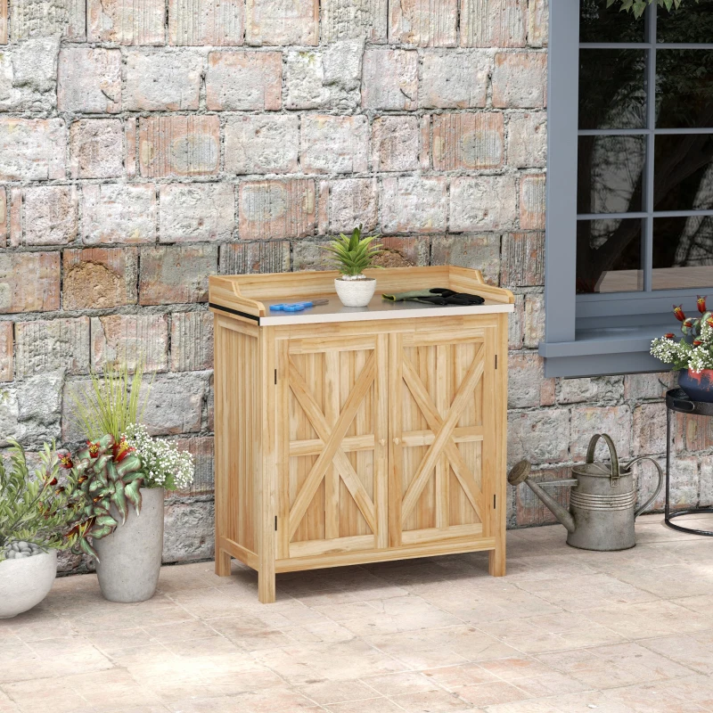 Outsunny Mesa de transplante com armário de arrumação e 2 prateleiras, tampo galvanizado, calços antiderrapantes, madeira de pinho