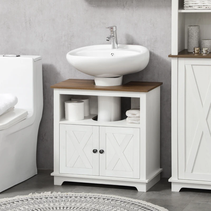 kleankin Mueble para Debajo del Lavabo de Madera Armario de Baño de Suelo Mueble Bajo Lavabo Pie con 2 Puertas 60x30x60 cm Blanco