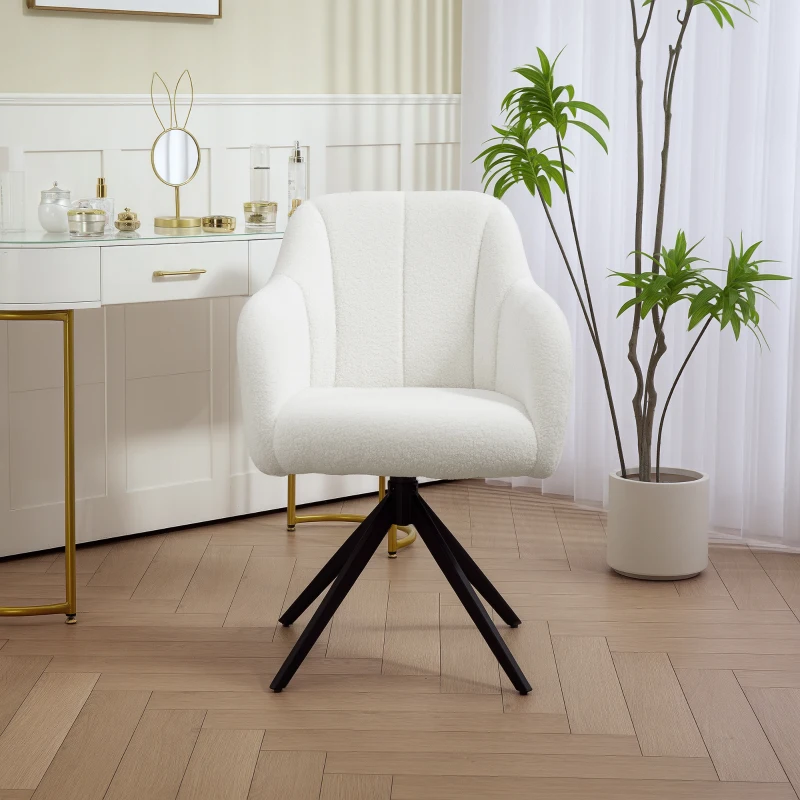 HOMCOM Poltrona giratória capitonê grande conforto base em aço e tecido efeito pelúcia teddy branco