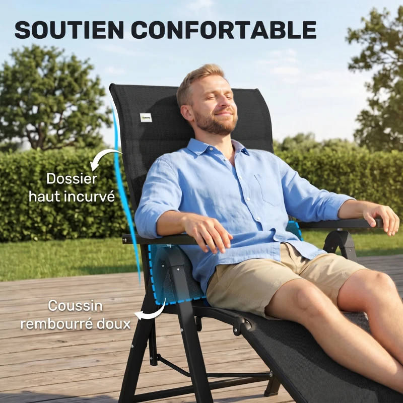 Outsunny Chaise longue pliable, transat bain de soleil inclinable avec dossier réglable sur 9 positions, coussin lombaire, noir