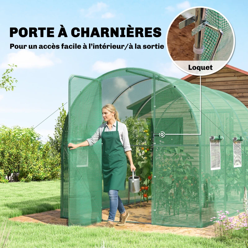 Outsunny Serre tunnel de jardin 6m², serre de jardin tunnel 200x300x200cm porte et 6 fenêtres, bâche PE 140 g/m² vert