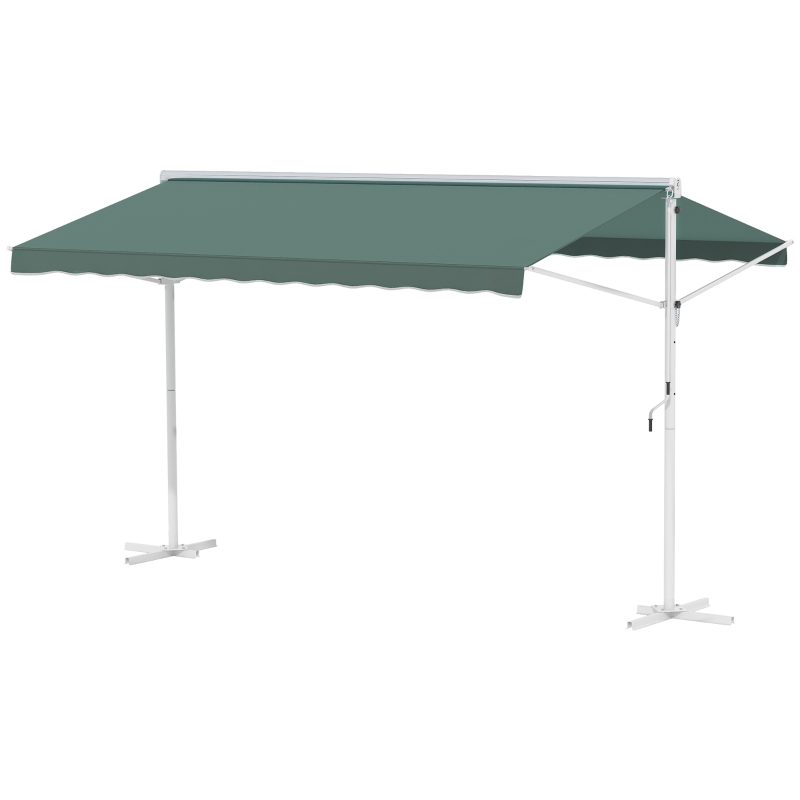 Outsunny Toldo de Dupla Inclinação 4 x 3 m Manual Retrátil Inclinação Ajustável Metal Poliéster Impermeabilizado Verde Escuro
