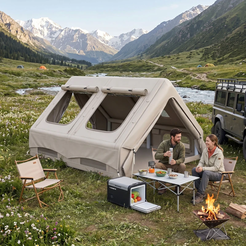 Outsunny Inflatable Camping Tent, 4 Season Hot Tent 10000mm Waterproof with Chimney Opening, Sky Light and Air Pump, Khaki