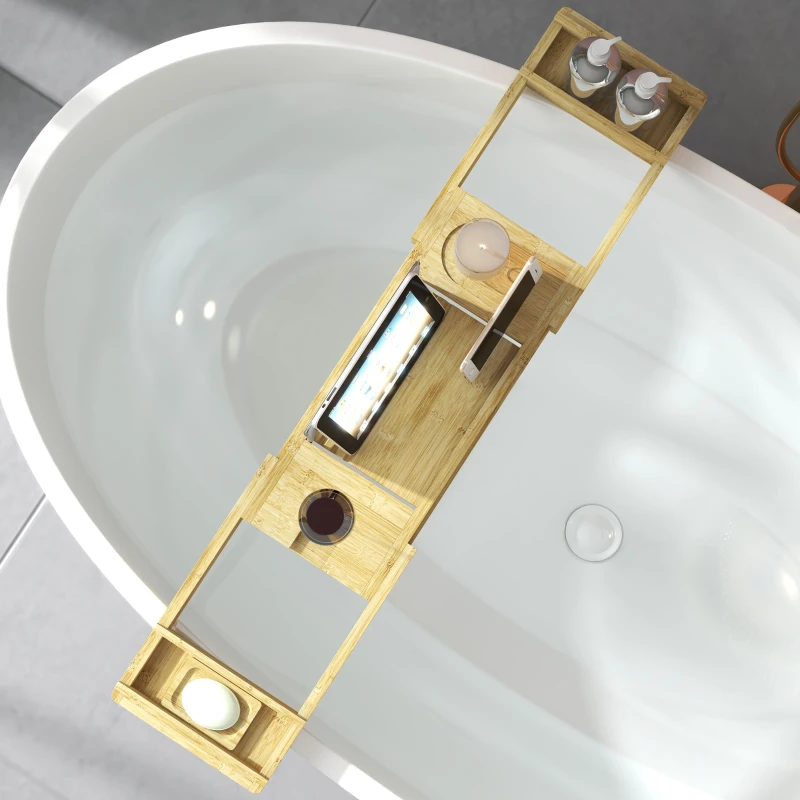 HOMCOM Ponte prateleira bandeja de banheira extensível em bambu com porta-copo e porta-sabonete, 75-109 x 23 x 4.5cm