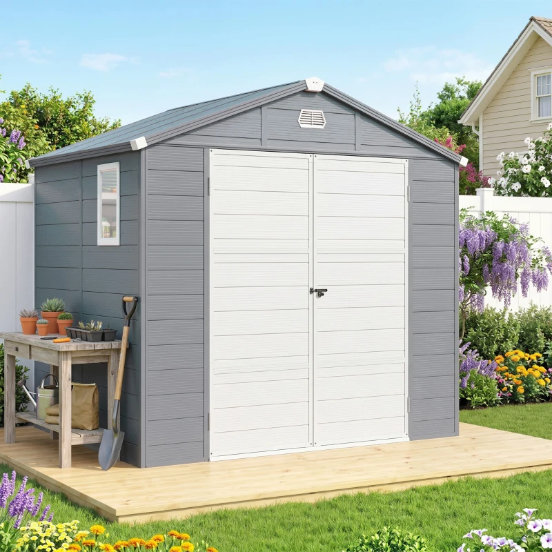 Outsunny Abri de jardin en résine 4,56 m² avec kit de fondation galvanisé structure en aluminium 240 x 190 x 228 cm gris foncé(m-2)