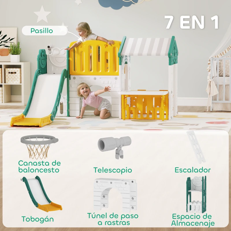 AIYAPLAY Tobogán Infantil 7 en 1 con Caseta Escalera Aro de Baloncesto Túnel Pizarra Telescopio para Interior Amarillo y Verde