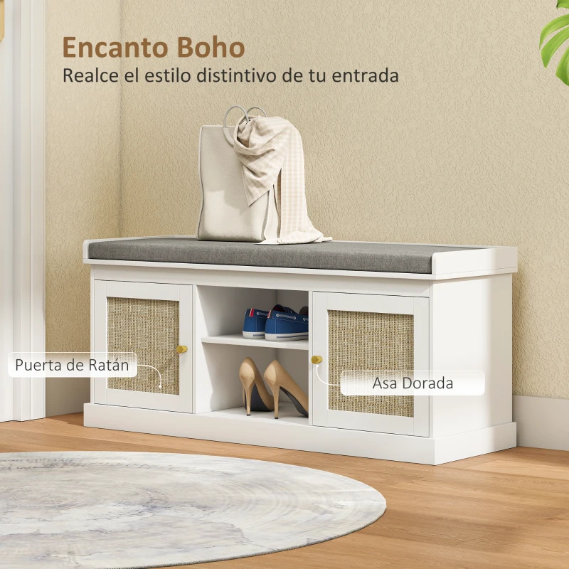 HOMCOM Banco Zapatero con Puertas Frentes de Ratán Estantes Ajustables y Abiertos para Entrada Dormitorio 105x35x47 cm Blanco