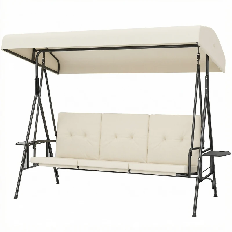 Outsunny Balancelle de jardin 3 places grand confort inclinaison toit réglable, 2 tablettes latérales, coussins, acier polyester