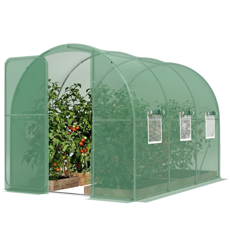 Outsunny Serre tunnel de jardin 6m², serre de jardin tunnel 200x300x200cm porte et 6 fenêtres, bâche PE 140 g/m² vert