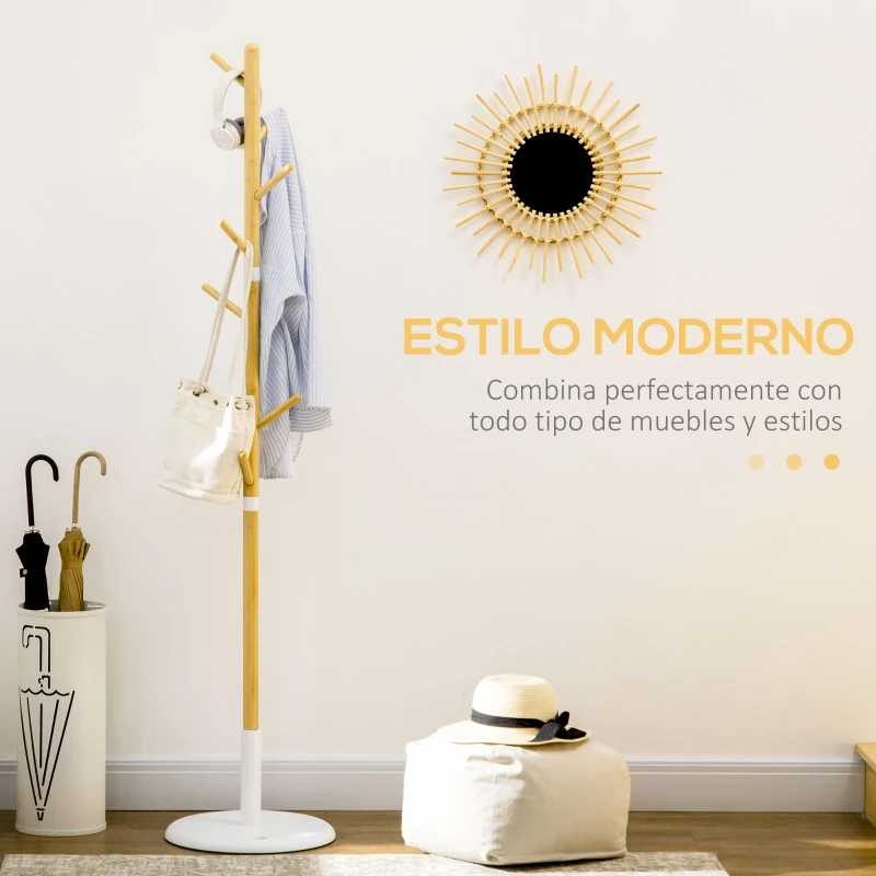 HOMCOM Perchero de Pasillo Moderno con 8 Ganchos para Ropas Bolsas Perchero de Árbol para Entrada Ø37,8x175,6 cm Natural