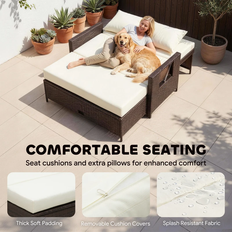 Outsunny Rattan Sun Lounger 2 Seater Day Bed with Cushions, Brown