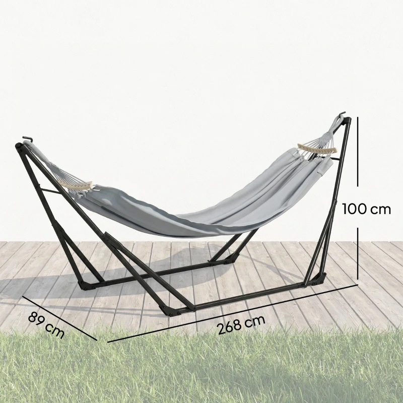 Outsunny Support avec Hamac Pliable en Acier, 2 en 1 pour Hamac ou Chaise Suspendue, Sac de Transport Inclus 268x89x100cm Gris