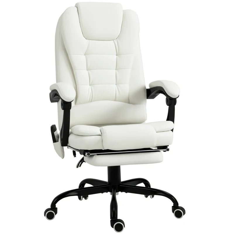 Vinsetto Scaun de birou de masaj, scaun de birou, scaun ergonomic cu înălțime reglabilă, spătar inclinabil și telecomandă cu fir, suport pentru picioare retractabil și pivotant la 360°, alb