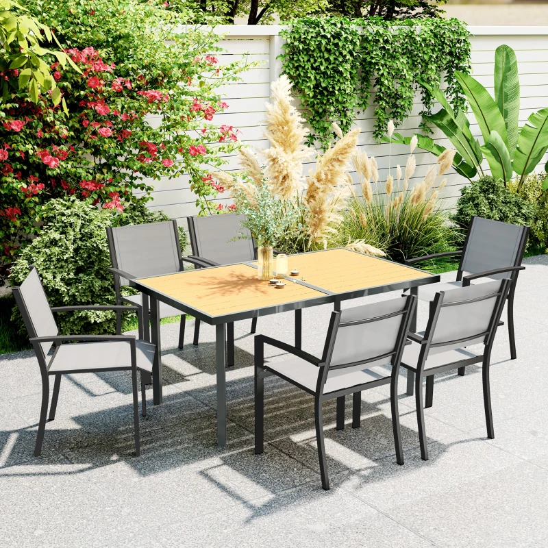 Outsunny Mesa de jantar de jardim para 6 pessoas mesa de jardim com tampo efeito madeira em aço 150 x 90 x 72 cm madeira natural