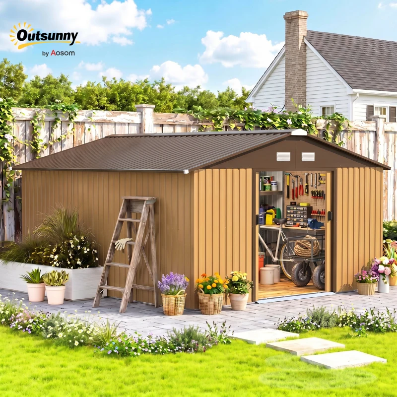 Outsunny 13 x 11ft Large Metal Storage Shed Sliding Doors
