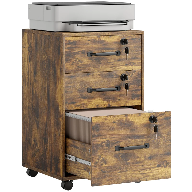 HOMCOM Caisson de Bureau Mobile avec 3 Tiroirs Verrouillables, Caisson de Rangement sur Roulettes, 40 x 40 x 69,5 cm, Marron