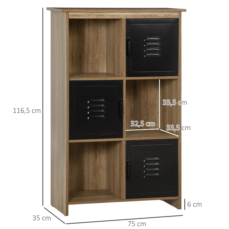 HOMCOM Estante Design Industrial - Móvel de Arrumação 3 nichos 3 compartimentos - Aspeto Madeira com Portas em Metal Preto