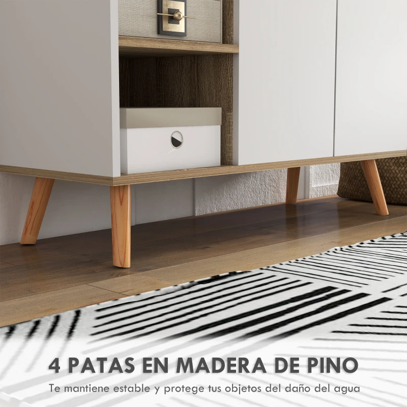 HOMCOM Aparador de Cocina con 1 Cajón 2 Puertas de Cierre Suave y Estantes Ajustables para Comedor 95x35x85 cm Blanco y Natural