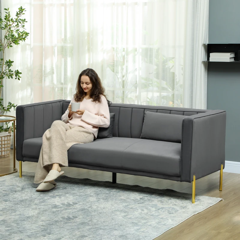 HOMCOM Canapé 3 places, 194,5l, grand confort, aspect velours et capitonné, idéal pour le salon, la chambre, le bureau, Gris