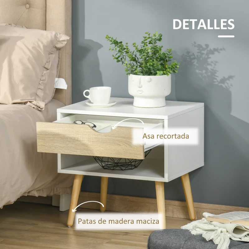 HOMCOM Set de 2 Mesitas de Noche Mesa Auxiliar Mesillas de Noche con Cajón y Estante de Almacenamiento para Dormitorio Salón Cama Oficina Estilo Moderno 50x39x51 cm Blanco y Roble