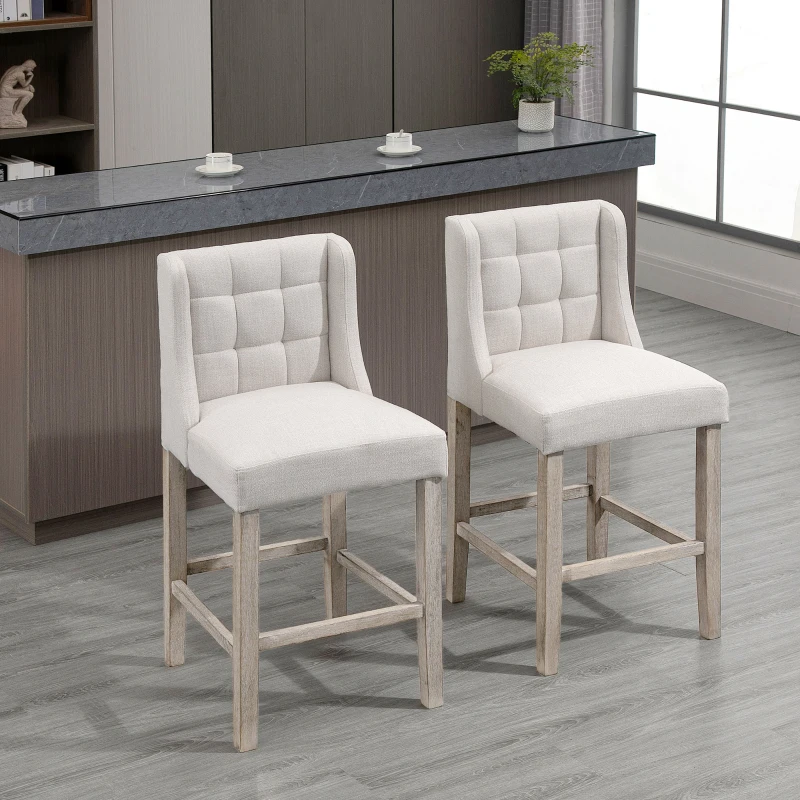 HOMCOM Set of 2 Bar Stools with Button Tufting, Solid Wood, incl. Footrest, 47 cm x 50 cm x 101 cm, Gray + Natural