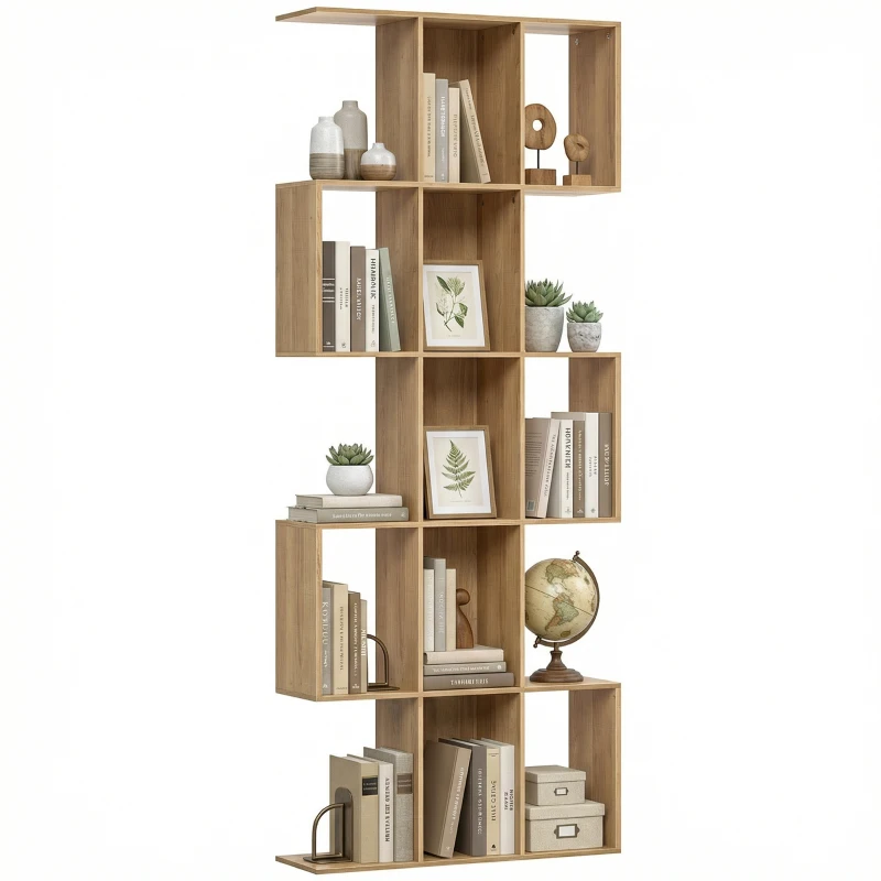 HOMCOM Bibliothèque à 5 niveaux, étagère de rangement en forme S avec 15 compartiments ouverts, 80 x 24 x 200 cm, chêne