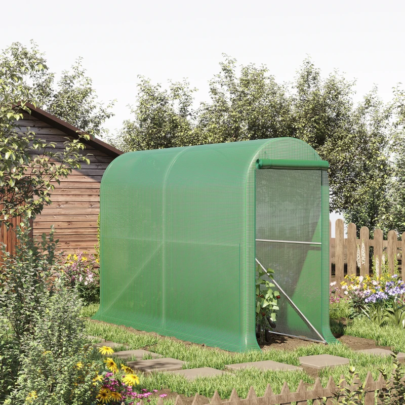 Outsunny Estufa de jardim PE, estufa de varanda, cobertura reforçada 140 g/m², chassi em aço, porta enrolável com zíper, para legumes, plantas, flores, interior e exterior, 300 x 100 x 200 cm, verde