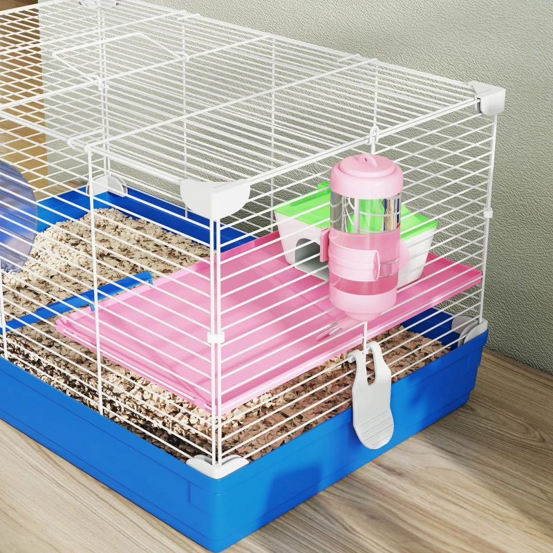 PawHut Hamster Cage, Small Gerbil Cage 2 Tiers Portable w/ Handle, Exercise Wheel, Water Bottle, Dishes, Blue