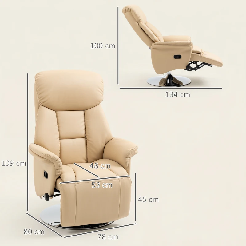 HOMCOM Relaxfauteuil met liegefunctie, kunstleer, voetensteun, 78 x 80 x 109 cm, beige(m-3)